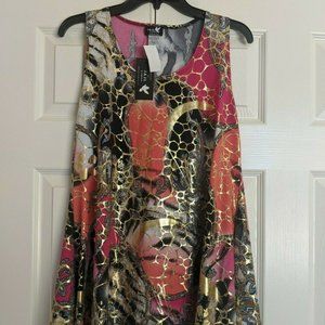 J & JL Stretch Multicolor Abstract Print Assimetric Hem Blouse Top Womens Sz M